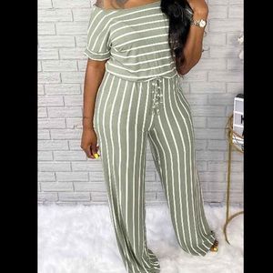 Green and white striped short sleeved jumpsuit